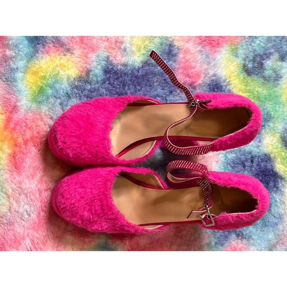 Pink Faux Fur Platform Heels with Rhinestone Straps – Size 13 - Picture 2 of 8